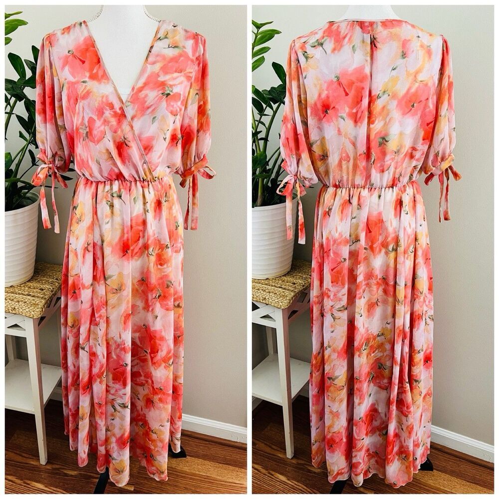 Kate & Lily Floral Orange V Neck Maxi Dress Summer Boho Cottage Resort Spring 8